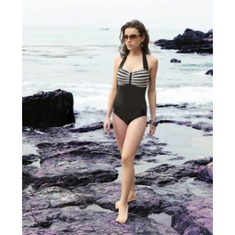 Pleated halter one piece swimsuit